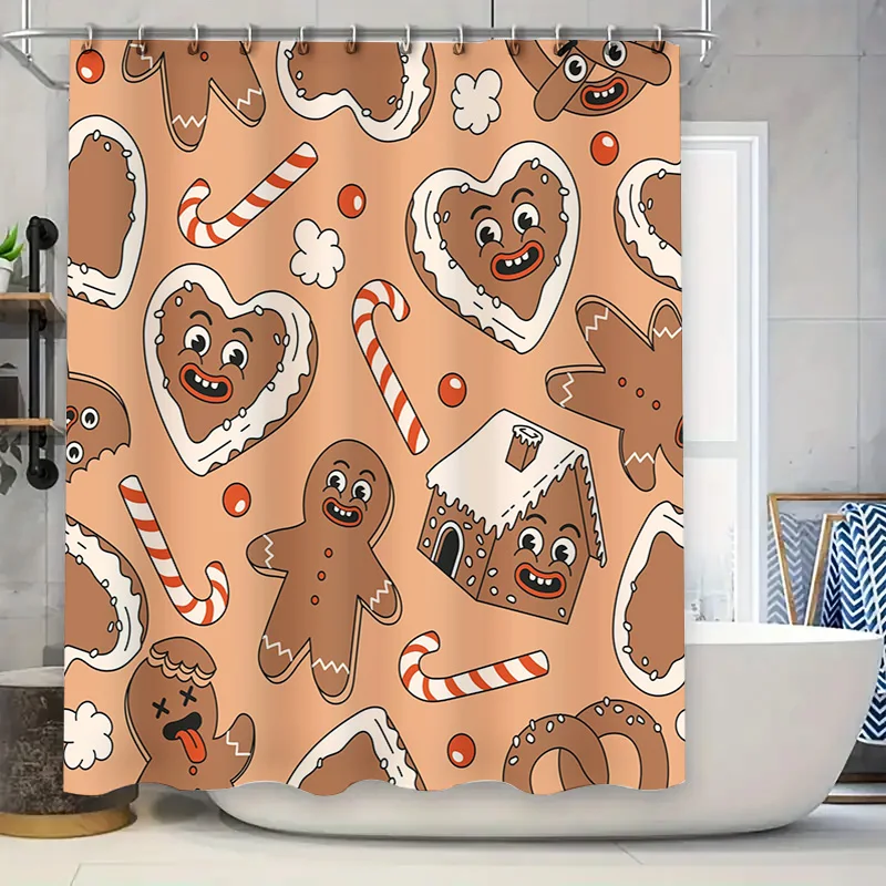 

Christmas-themed shower curtains featuring gingerbread men, candy canes, and other festive designs for use in bathrooms during h