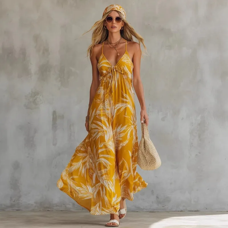 Women Tropical Leaf Print Chiffon Maxi Cami Dress V Neck Front Tie Empire Waist Loose Flowy Summer Beach Vacation Sundress