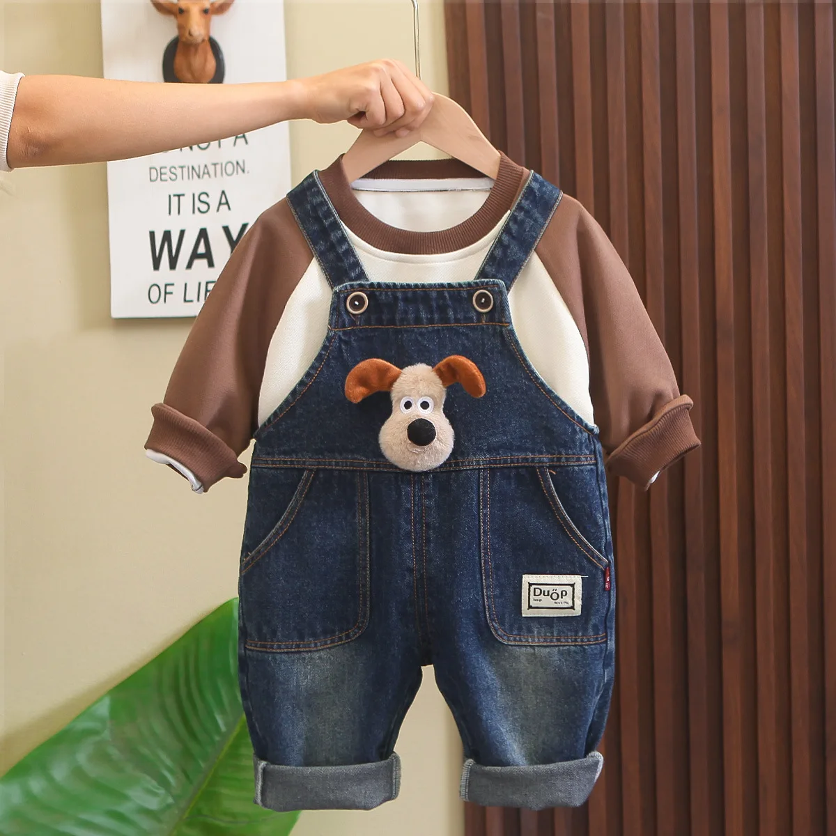 

Spring Valentines Outfit for Baby Boy Clothes 1 To 2 Years Cartoon Patchwork Long Sleeve T-shirts and Denim Overalls Boys Suit