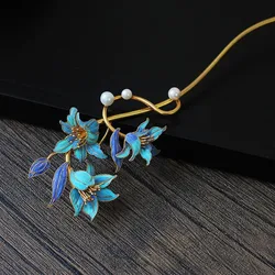 Classical Elegant Refreshing Blue Lily Flower Tiara Fashion Light Luxury Enamel Pearl Hanfu Accessories Qipao Hair Jewelry