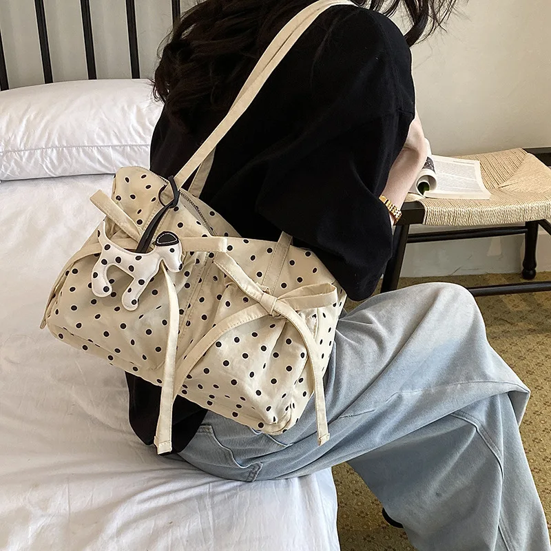 New Fashion Polka Dot Tote Bag Women Bow Design Large Capacity Folding Shoulder Pillow Bag Korean Cute Style Ins Handbag - view 3