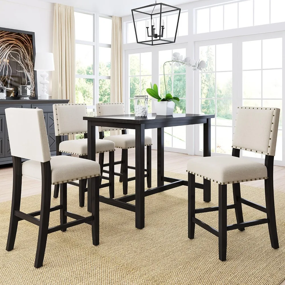 Kitchen Dining Table with A Table and 4 Upholstered Chairs, Counter Height, for Dining Room, 5-Piece Dinings Tables Set