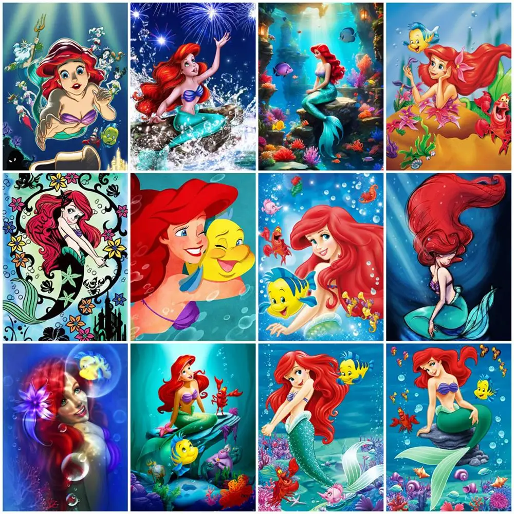 Pintura al óleo de sirena de Disney por números, Kit de pintura artesanal de princesa Ariel para adultos, dibujos animados para colorear, Hobby infantil hecho a mano