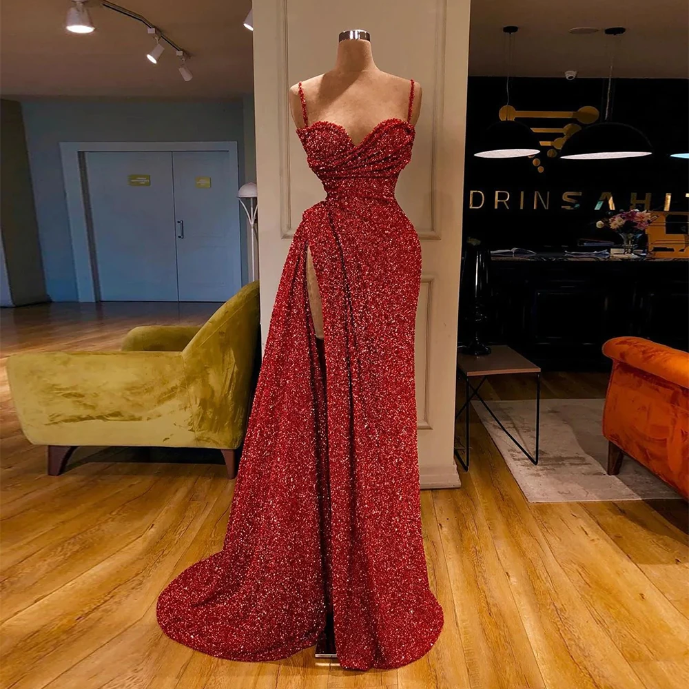 

Sexy Wine Red Sequin Spaghetti Straps Mermaid Vestido De Gala Prom Dresses Women Formal Party Night Side Split Evening Dresses