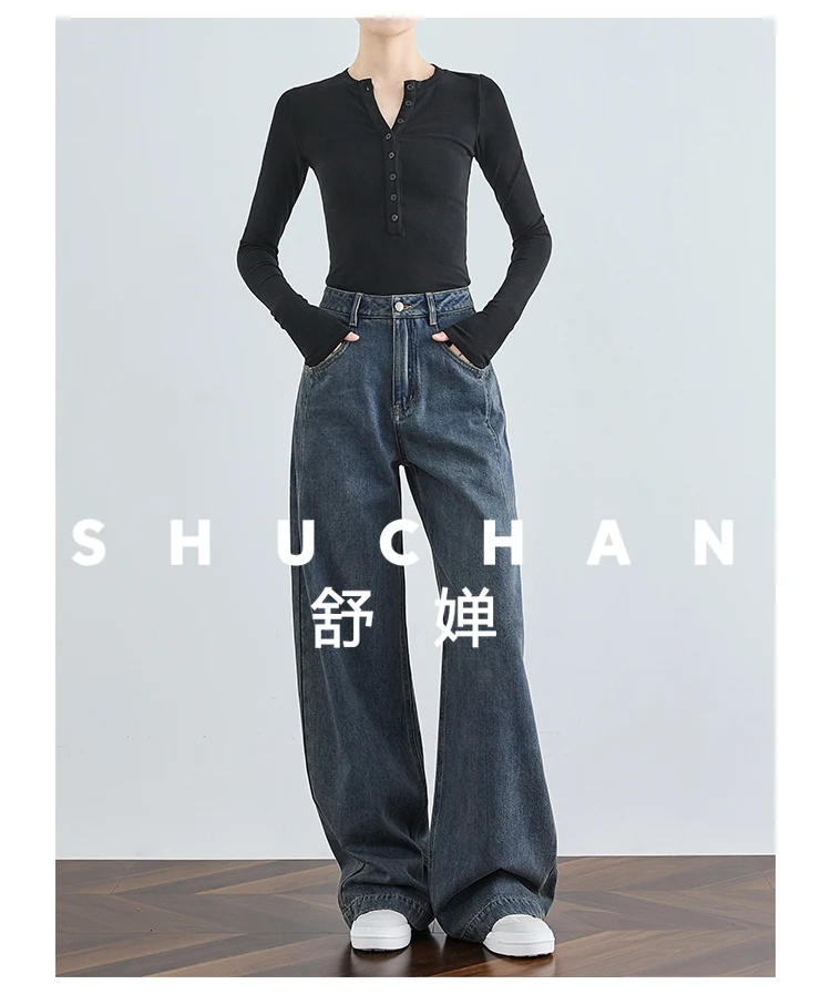 

Retro Original Jeans Women's High Waist Drape Tall Extended Straight Loose Wide-leg Pants Fleece Winter