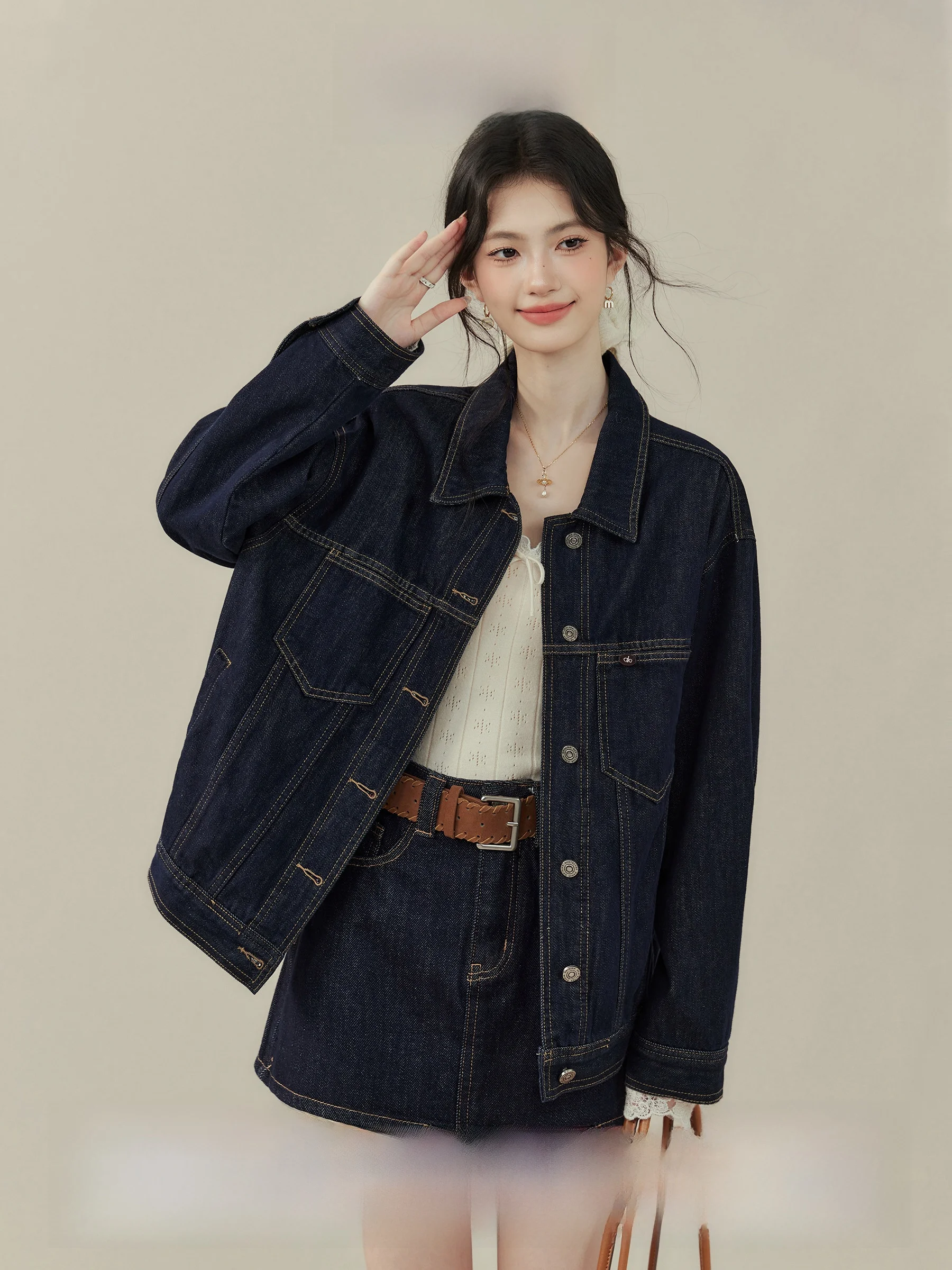 

Retro Hong Kong Sle Workwear Denim Jaet Women Spring Autumn New Jaet Top Loose Fit irt Sve Button Closure ort Coat
