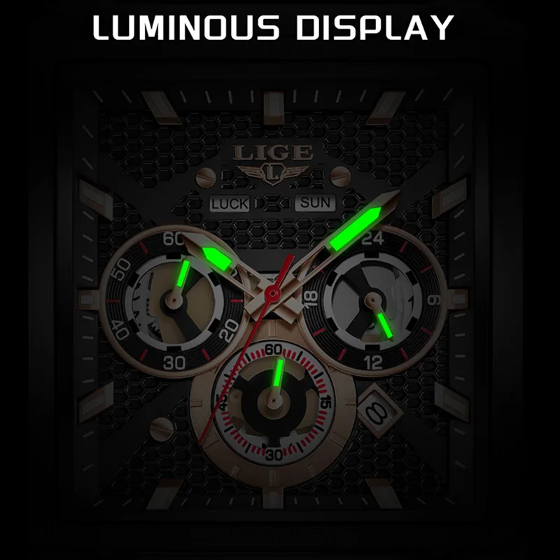 LIGE Casual Quartz Wristwatch Fashion Square Waterproof Men's Watches Outdoor Sports Silicone Strap Luminous Clock Montre Homme
