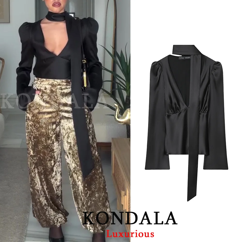 

KONDALA Sexy Christmas New Year Chic Black Satin Tops V Neck Long Sleeve Scarf Blouses Fashion 2025 Evening Club Girl Tops
