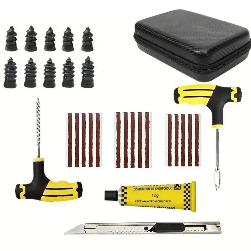 Emergency Tubeless Tire Repair Kit, Heavy-Duty Plug Set with T-Handle, Mushroom Plugs & Valve Cores for Car Motorcycle E-bike