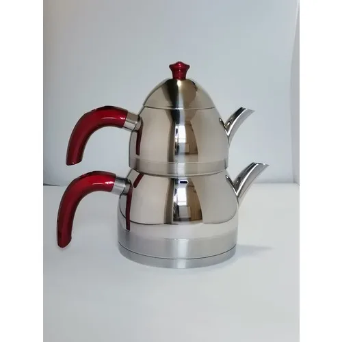 Mediterranean Platinyum Medium Red Bakelite Handle Steel Teapot Set