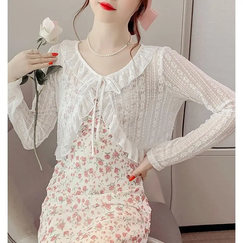 

Легкий открытый кардиган из ледяного шелка, женская летняя верхняя одежда с кружевной шилкой V-Ne Long Sve Color Commute Sle