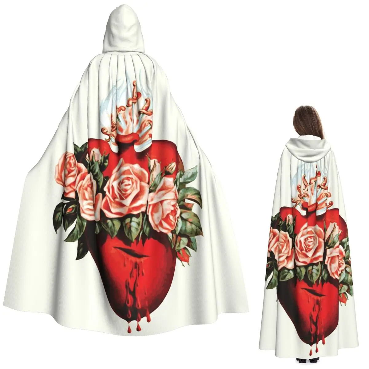 เสื้อคลุมยาวมีฮู้ดลายพระแม่มารี พระหฤทัยบริสุทธิ์ ชุดคอสเพลย์แม่มดยุคกลาง ผ้าคลุมฮาโลวีน แวมไพร์ สำหรับผู้ใหญ่ ทุกเพศ