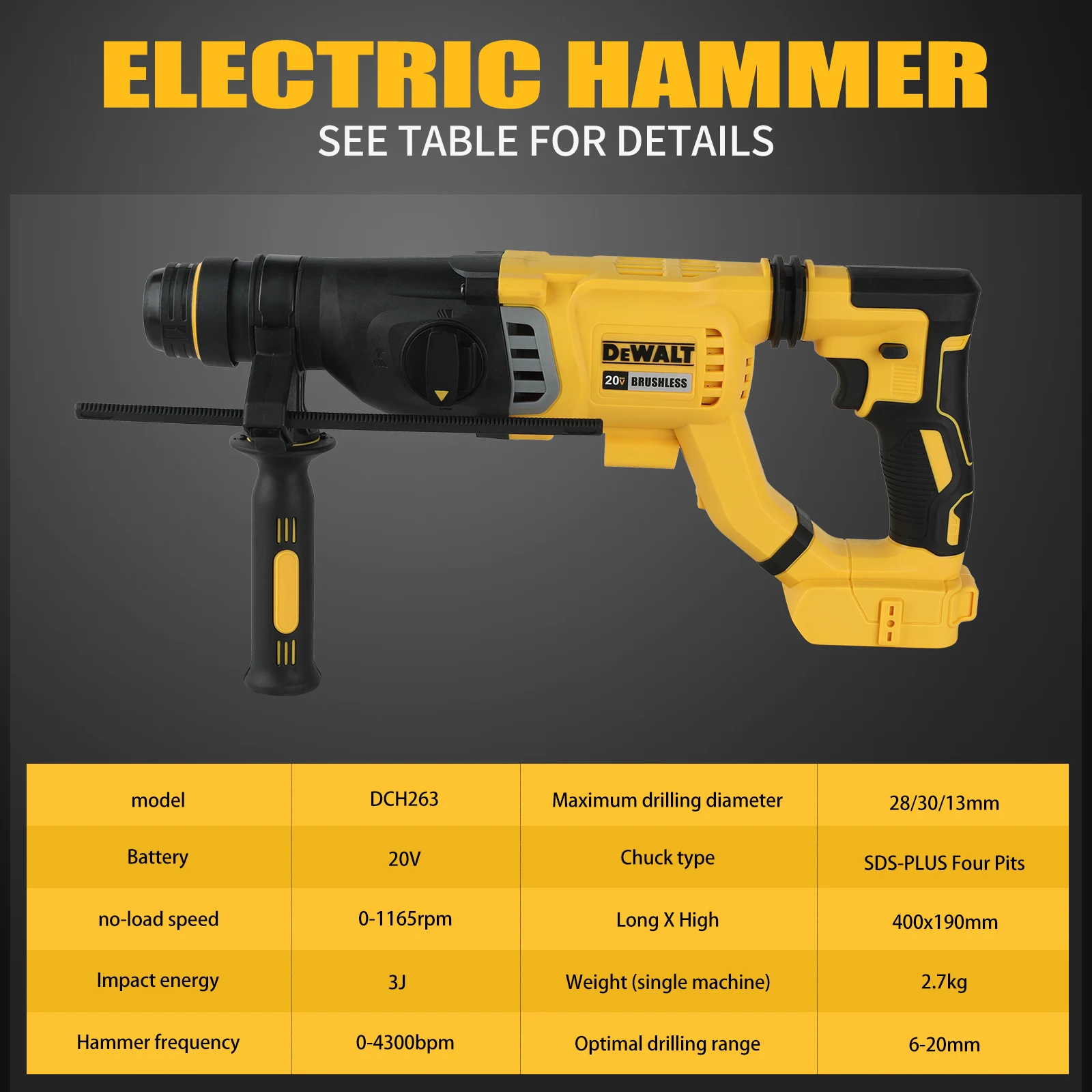 DEWALT DCH263 20V Brushless SDS-Plus Rotary Hammer 3J Impact 1165RPM 4300BPM Concrete Masonry Drilling Chiseling Power tools