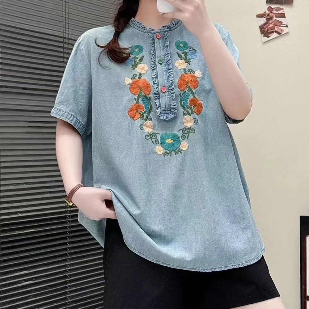 

Women Vintage Mori Girl Floral Embroidery Denim Shirts Summer Japan Style O-Neck Short Sleeve Casual Loose Jeans Blouse Tops