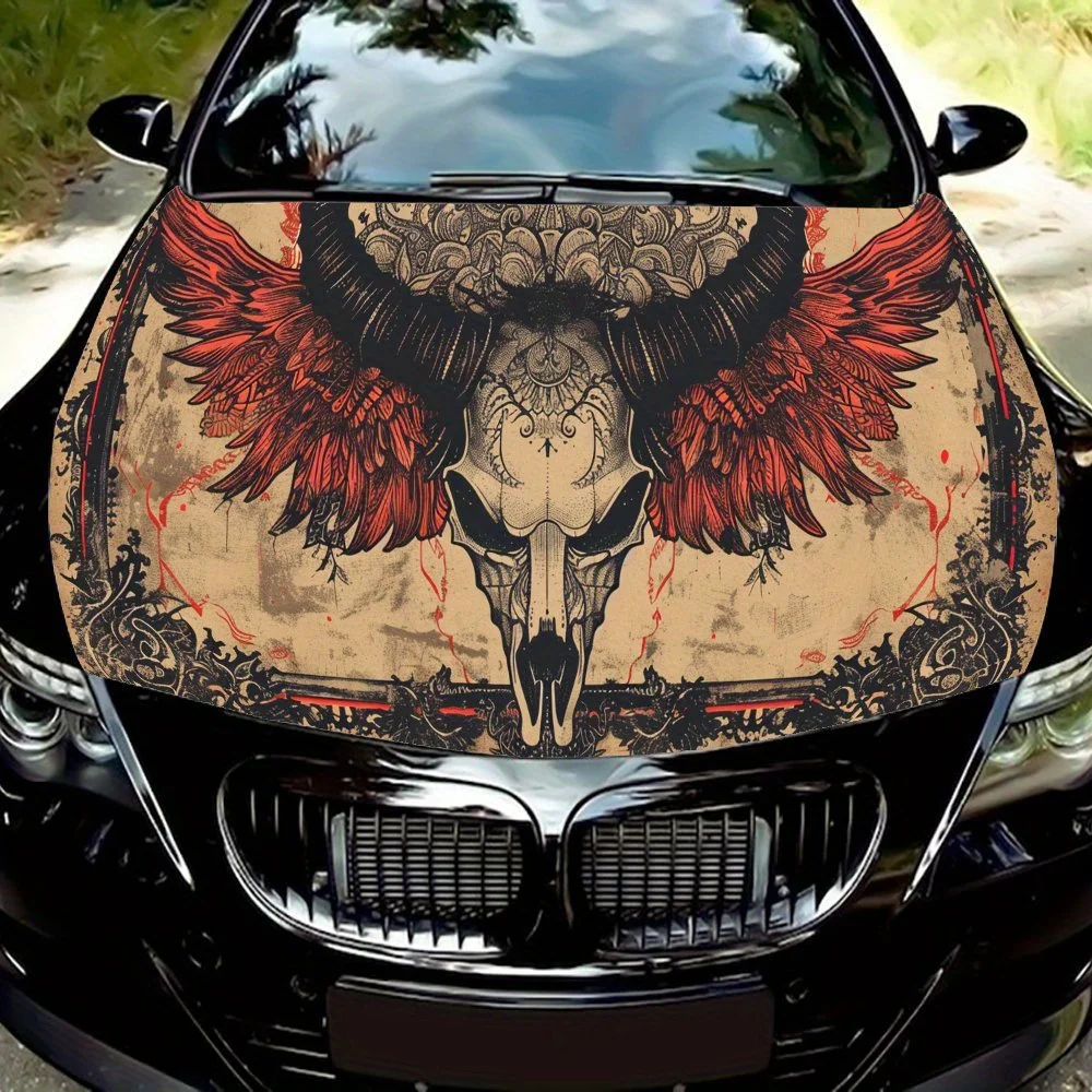 

Red Winged Sheep Skull PVC Car Vinyl Wraps, Self-Adhesive Waterproof Car Hood Decal Sticker, Car Decoration Protection Stickers