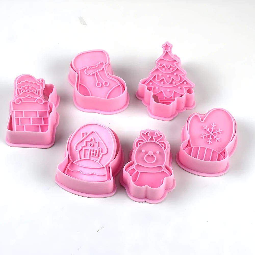 6Pcs Cookie Cutter Press Christmas Biscuit Mold Cookie Stamp Plastic Confectionery Kitchen Baking Pastry Tools