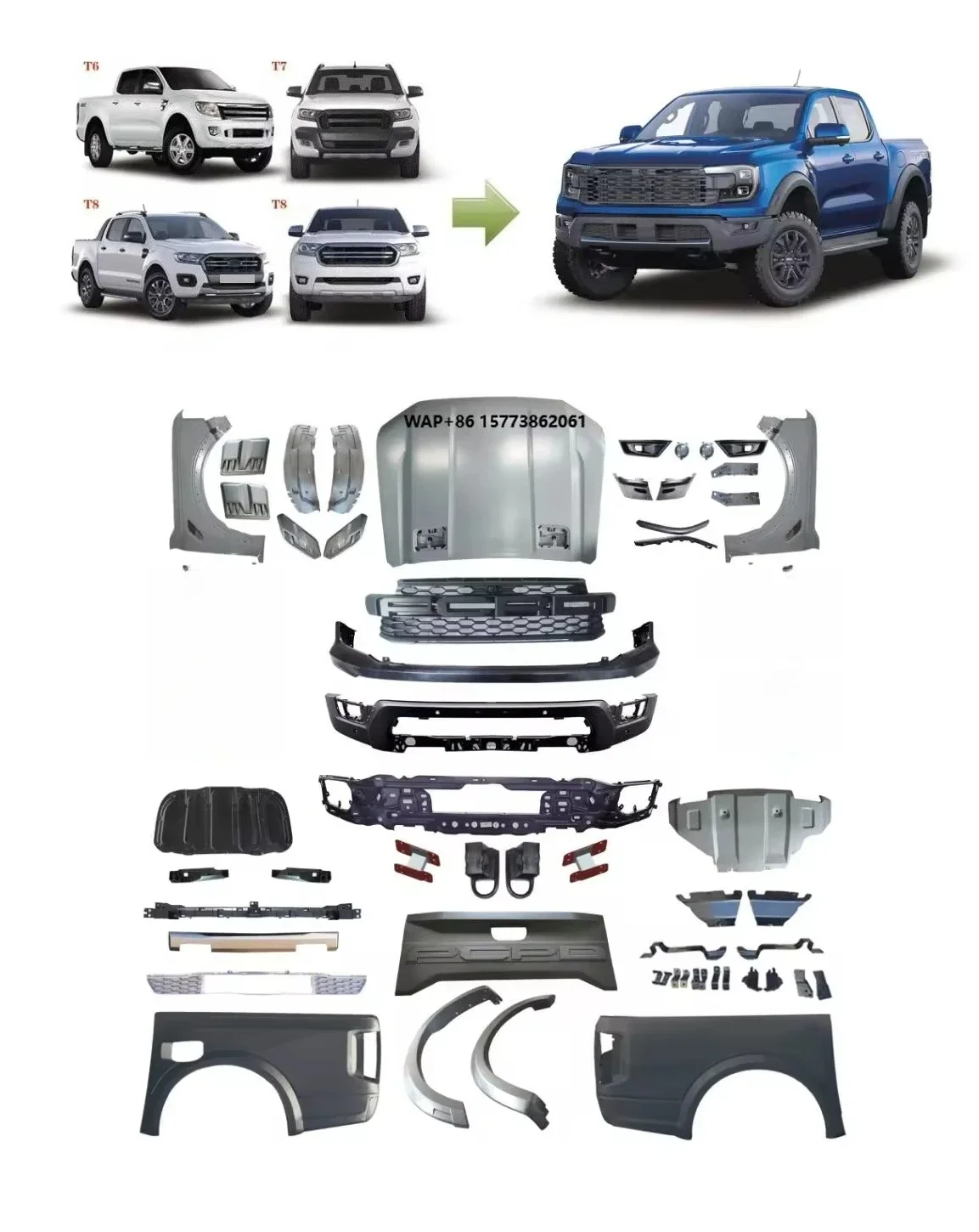 Upgraded and Modified Front Facelift Body Kit for 2012-2021 RANGER T6 T7 T8 to 2022 RANGER RAPTOR BODY KTI