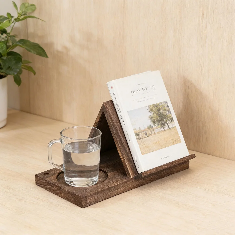 Mini Retro Triangle Wood Book Rest with Cup Holder Wooden Book Holder Bookcase Book Stand for Reading Bedroom Nightstand Office