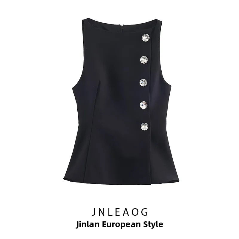 

JNLEAOG Autumn New Faionable Jewelry Button Women's Top Versatile Polyester Fiber round Ne No Button Fastening Plaid Pattern