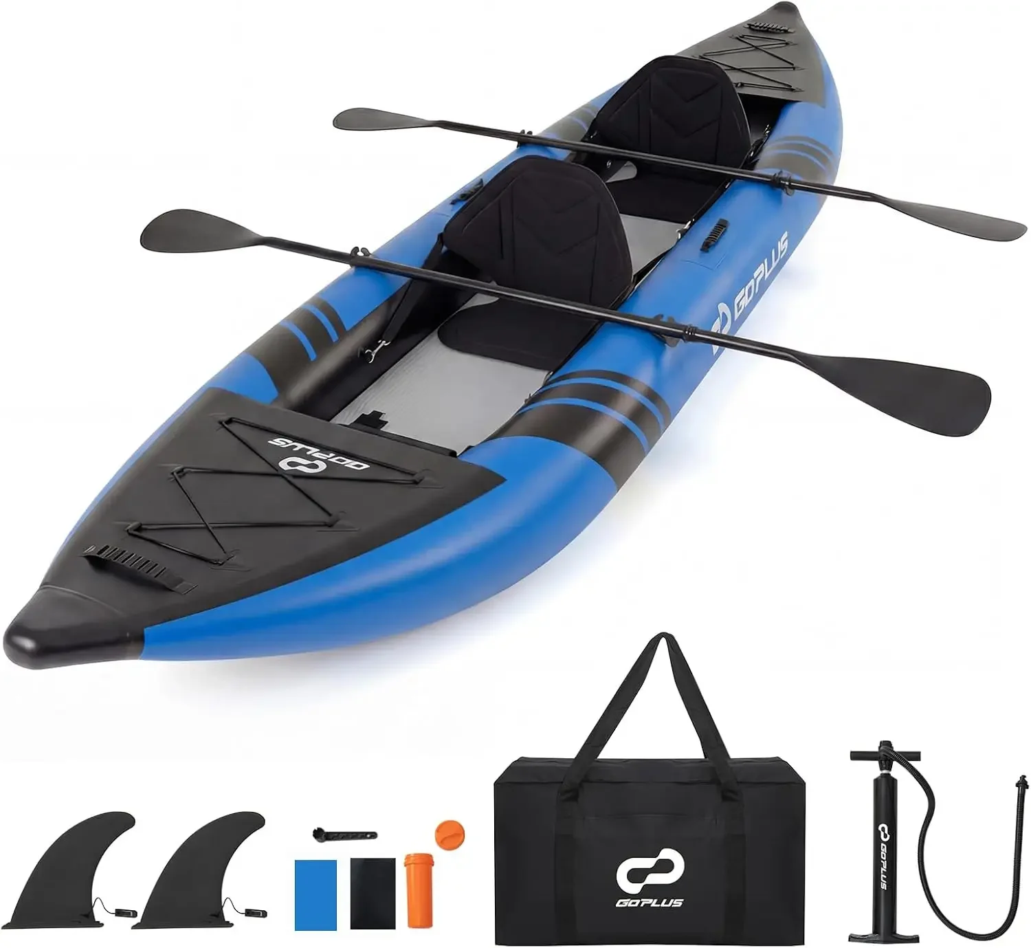 USA Stock Tandem Inflatable Kayak, 12.5FT 2-Person Kayak Set For Adults, 507 LBS Capacity, 2 Aluminium Oars, Padded Seats, 2 Fin