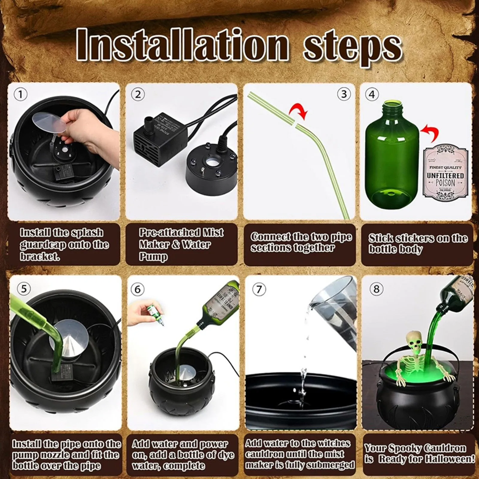 زجاجة جرعة عائمة سحرية للهالوين، خدعة مرجل ساحرة متوهجة أو علاج، مجموعة ناشر جرعة متألقة