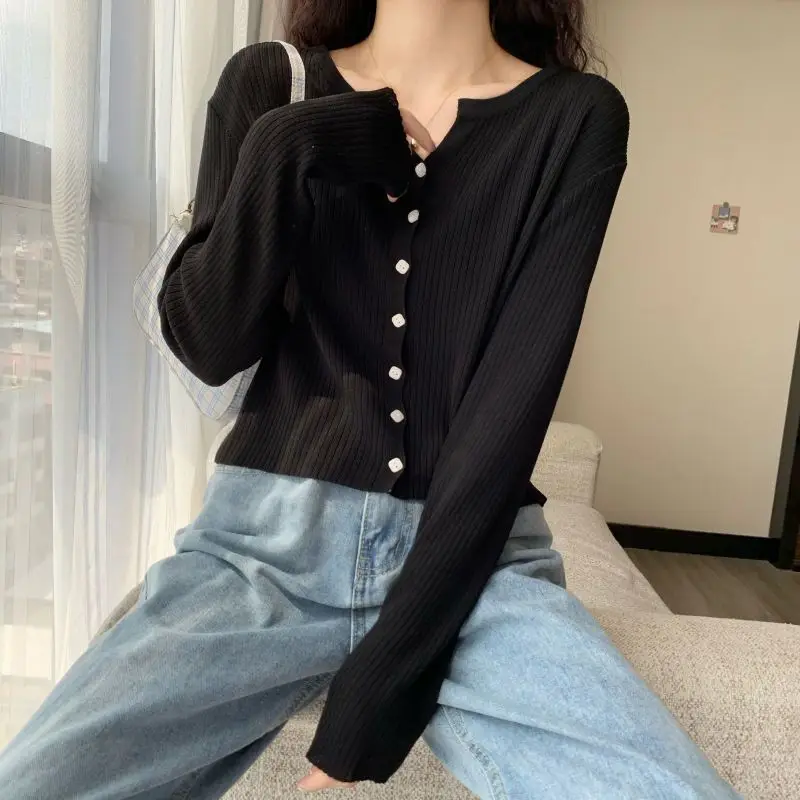 Women Clothing Chic Solid Vertical Grain Button Cardigan Summer Casual Loose O-neck Short Sleeve T-shirt Fashion All-match Tops