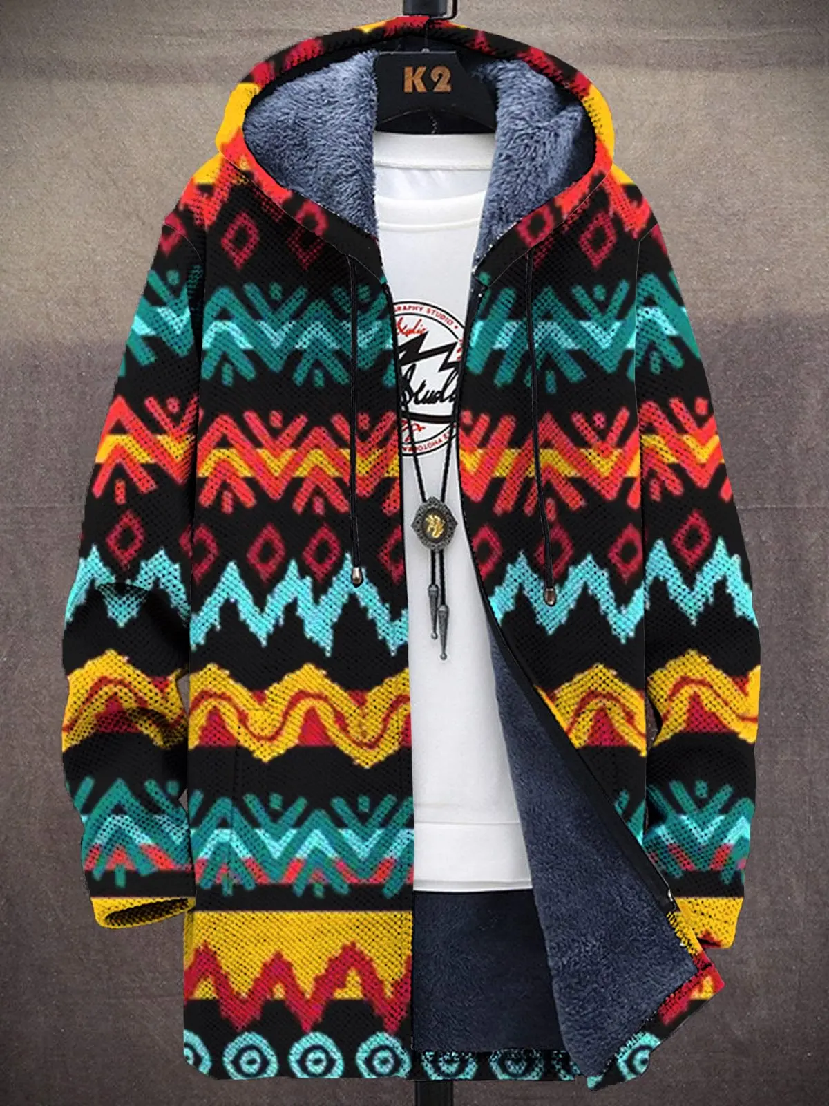 

Vintage Black Tribal Abstract Art Print Unisex Plush Thick Long-Sleeved Cardigan Coat Hoodies Fleece Lined Zipper Coats