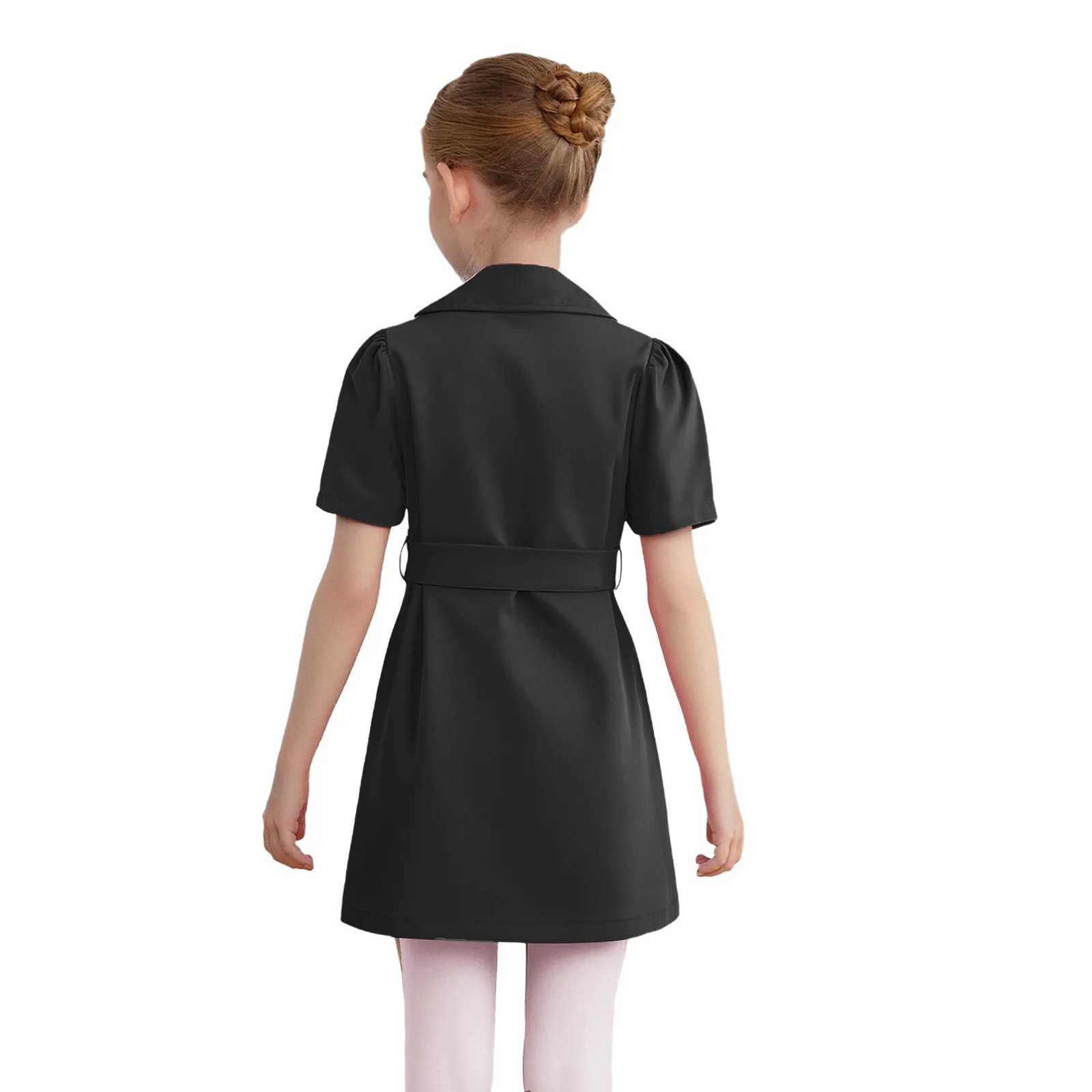 Kids Girls Elegant Suit Dress Lapel Short Sleeve Pleated Chiffon Tutu Dresses with Belt for Birthday Wedding Party Pageant Prom