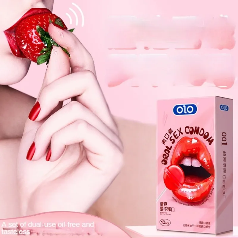 OLO 10Pcs Oral Sex Condoms with Strawberry Taste Safe Sex Penis Sleeve Condom Intimate Goods Tongue Sex Lick Dick Toys for Adult