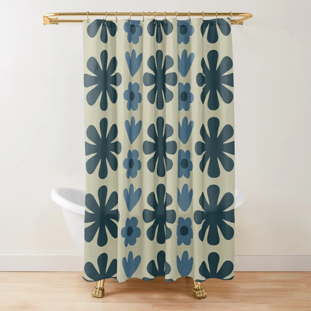 

Scandi Floral Grid Retro Pattern in Vintage Blue and Beige Shower Curtain Bathroom And Shower Bathroom Fabric Curtain