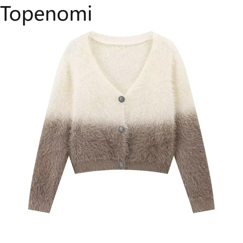 Topenomi Gradient Plush Knitted Cardigan Autumn Winter V Neck Loose Soft Short Sweater Coat Fashion All Match Casual Jumper Tops