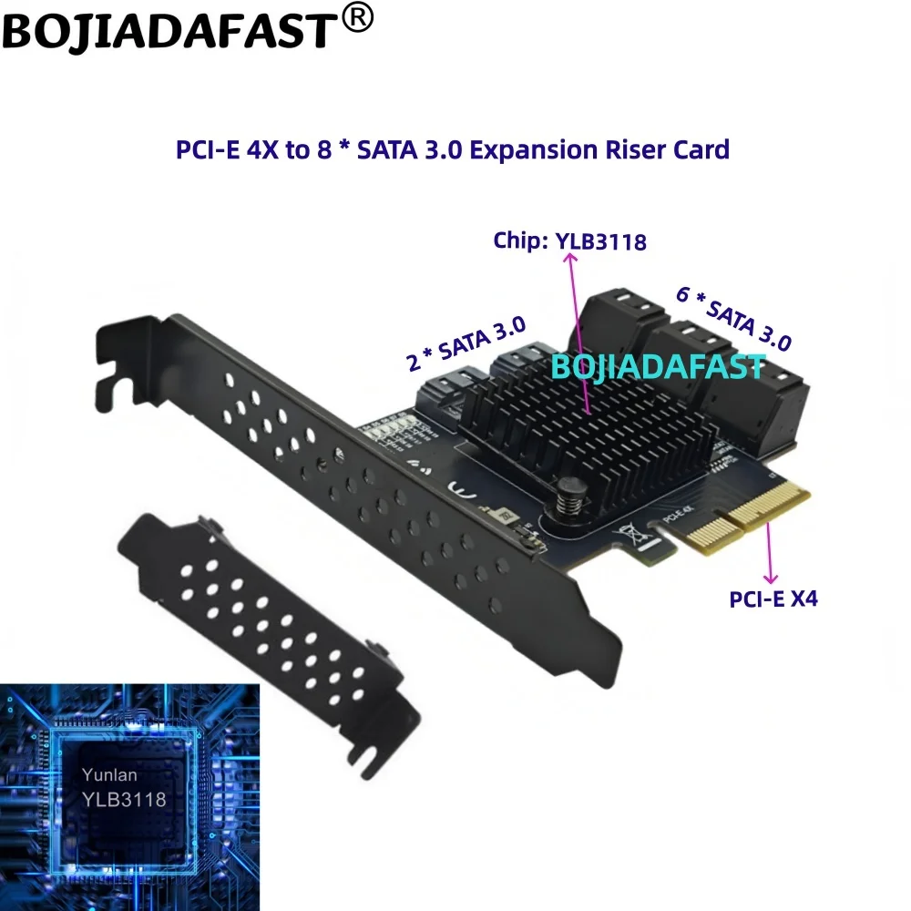 8 * SATA 3.0 7PIN Connector to PCIe X4 PCI-E 4X Adapter Expansion Riser Card YLB3118 For HDD Hard Disk Drive