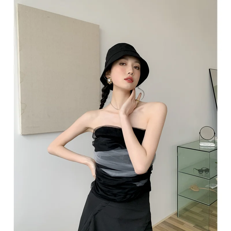 

2023 Spring Women's Clothing Chest Wrapping French Black Irregular Gauze Chic Blouse Off The Shoulder Contrast Slim Design Tops