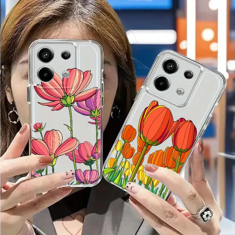 

Cartoon Red Tulip Flowers Phone Case For Redmi K 80 70 70E 60 60E 50 40 40S 15C 15 12 A2 A1 Turbo 4 Ultra Pro Plus