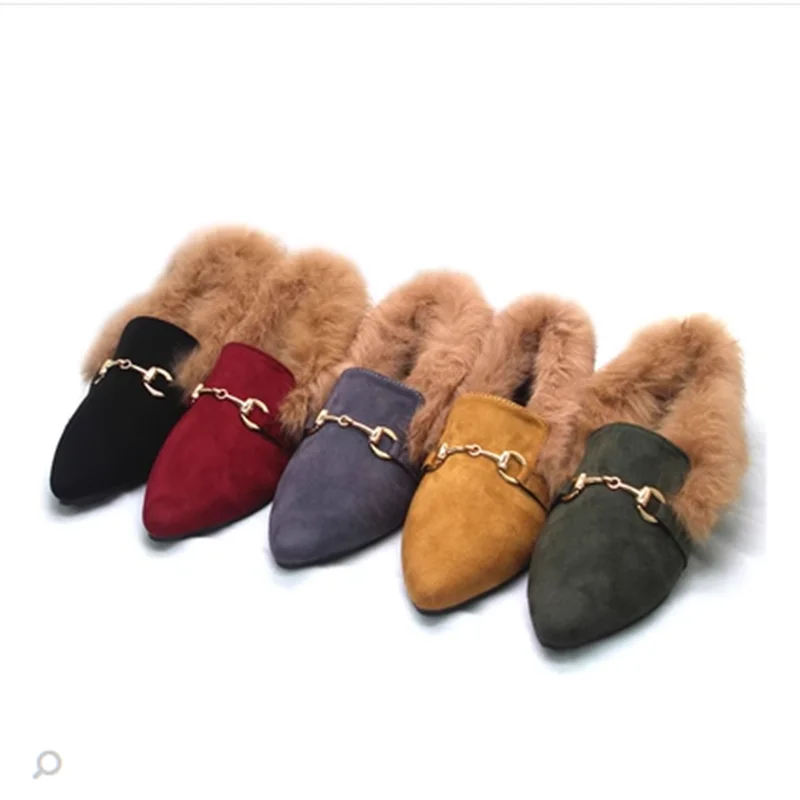 Women Winter Metal Chain Slip-On Grey Yellow Choice Short Plush Shoes For Big And Small Feet 32-45 21cm Warm Cute Fur Chaussure