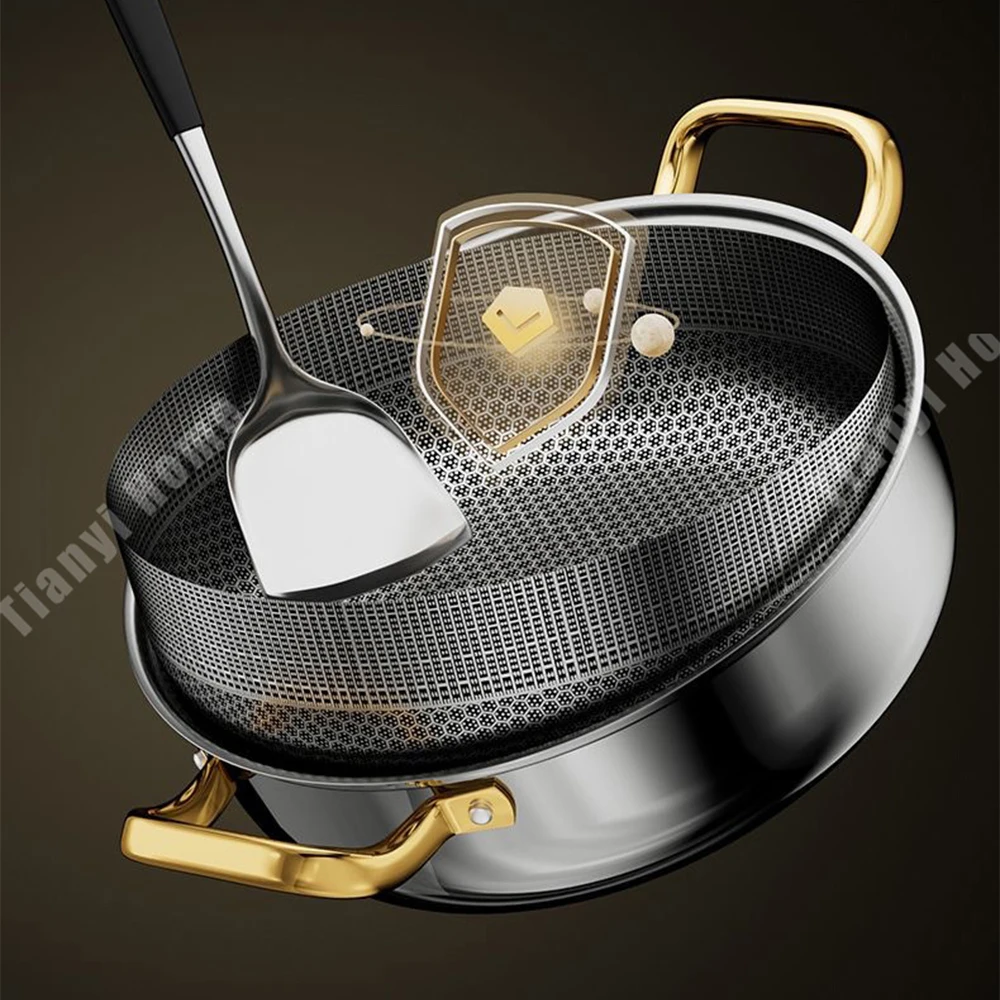 30cm Stainless Steel Soup Pot Frying Pan wok Non-stick Honeycomb with lid Household Hot Pot Induction Cooker Gas Stove Universal