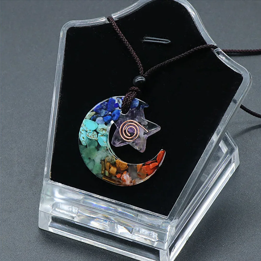 7 Chakra Orgonite Symbol Star Moon Pendant Epoxy Resin Wrapping Natural Stone Chip Crystal Energy Transformer Spiritual Balance