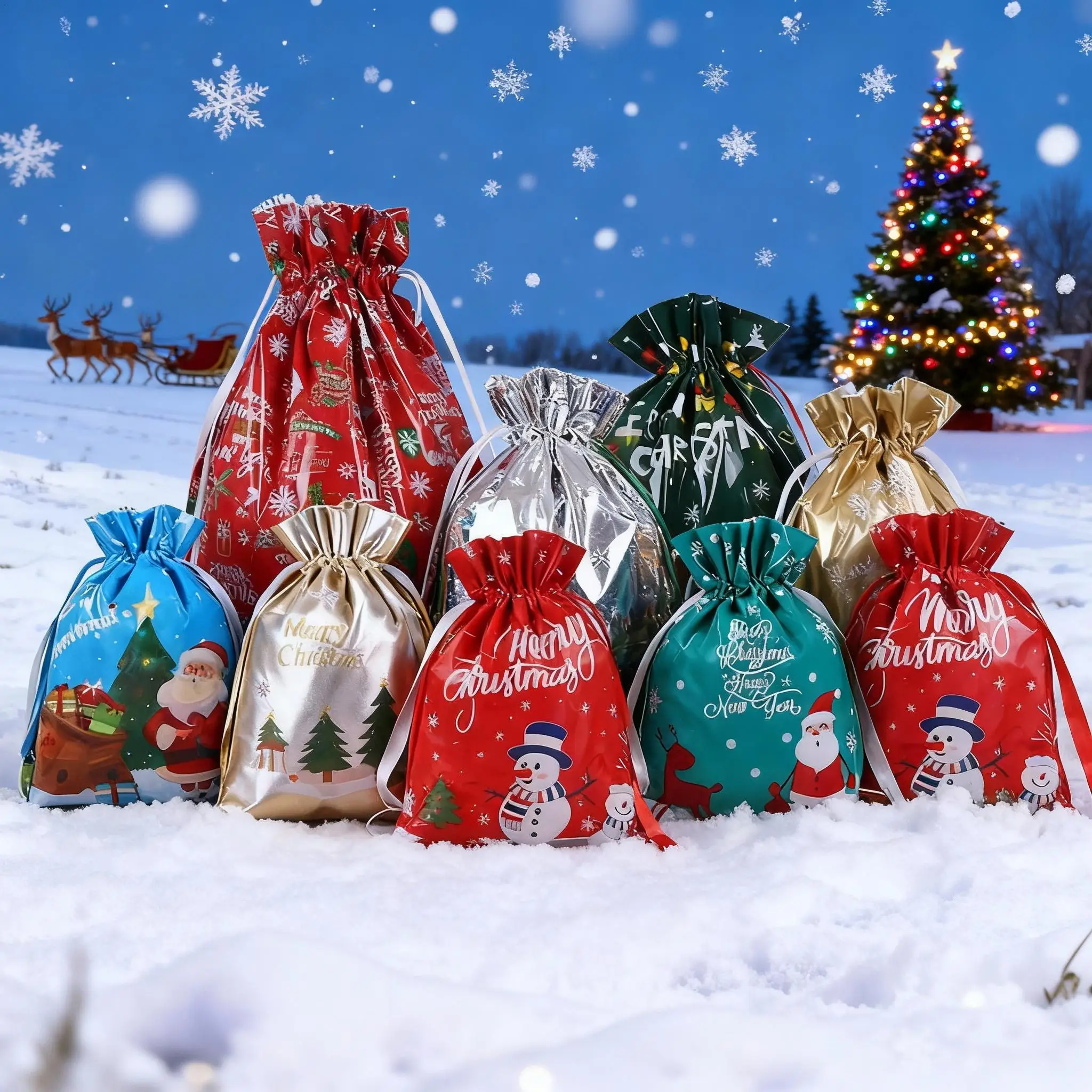 

35 шт./компл., подарочная сумка на шнурке с Рождеством, Новый год, 2025 год, большая упаковочная сумка для конфет и печенья, рождественская подарочная сумка на шнурке для вечеринки