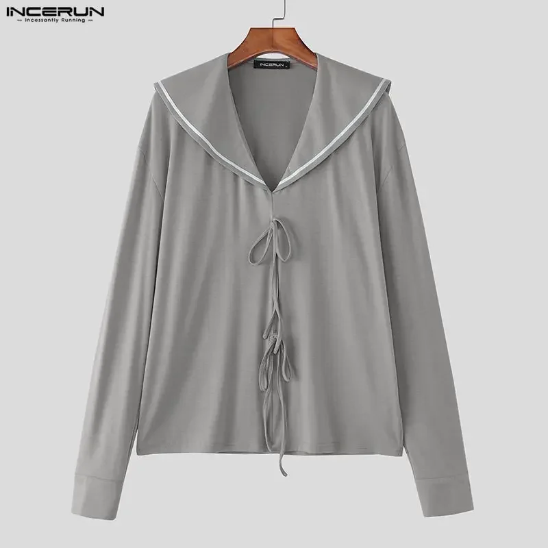 INCERUN Men T Shirt Patchwork Navy Collar Long Sleeve Lace Up Men Clothing Streetwear Spring 2026 Fashion Casual Male Tee Tops