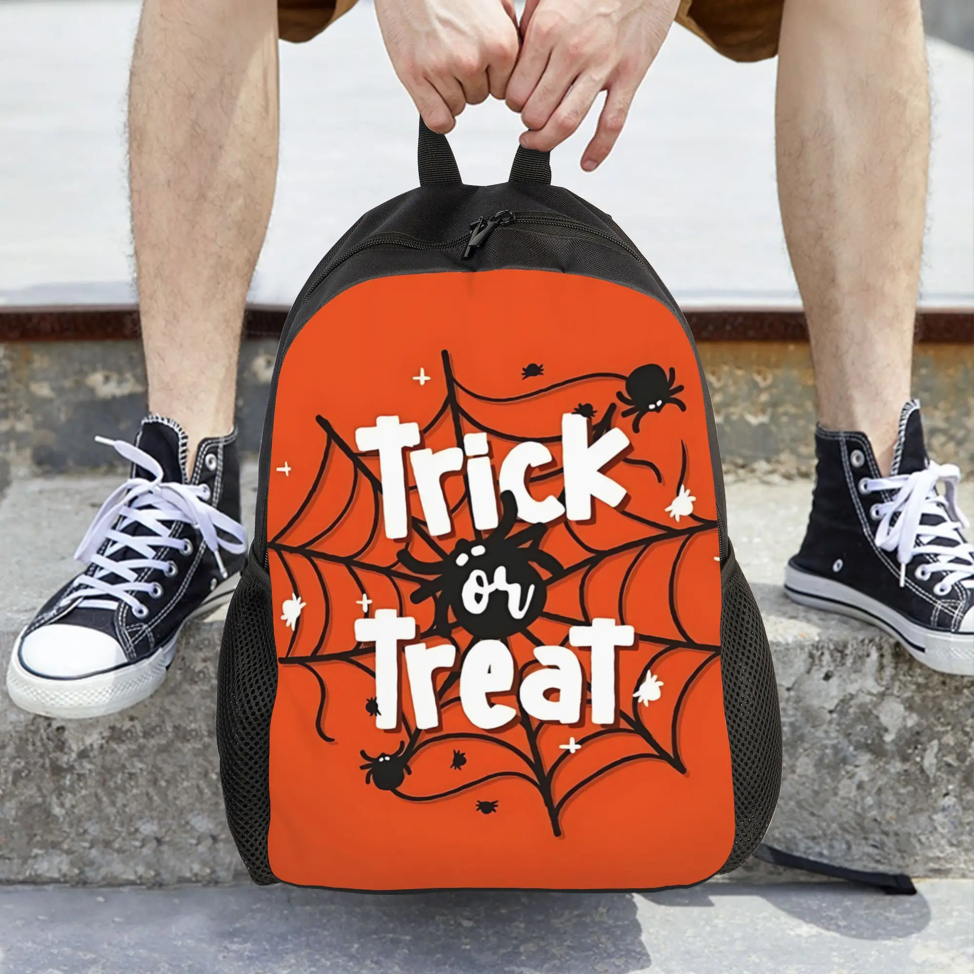 Fashion Halloween Print Trick Or Treat Spider Web Art Print backpack  mochila Dual-Use Journey Retro Washable Rucksack