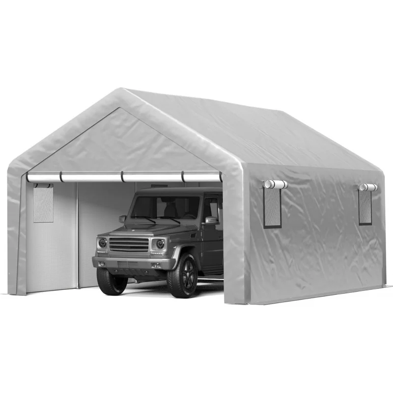 

13x21 FT Enclosed Carport with Roll-up, Portable Garage Removable Sidewalls &, Sandbags + All-Season Tarp Car