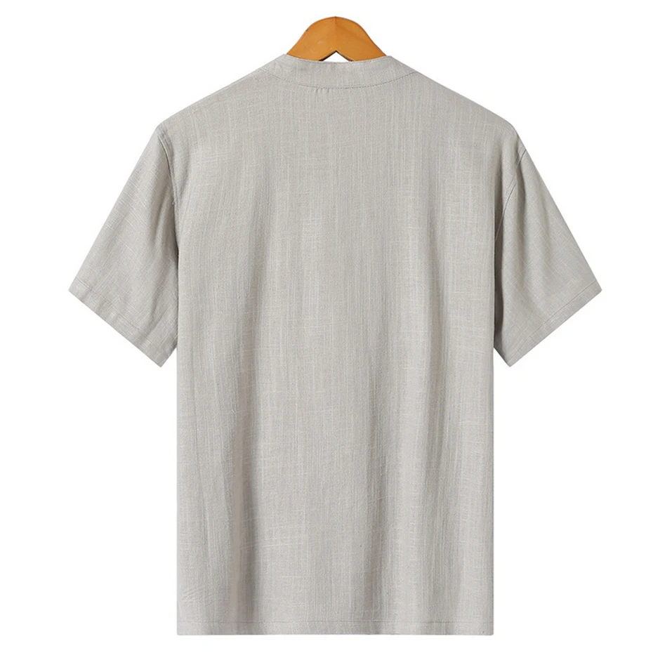 Men's Linen T-shirt Summer Short Sleeve Henry Collar T-shirt Casual Solid Color Linen Tshirt Male Summer Tops Tees Big Size 5XL