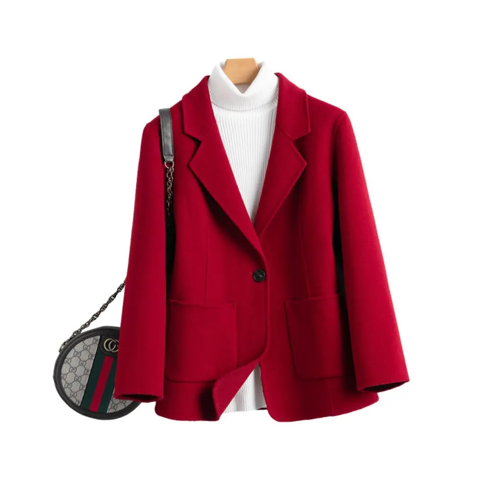 

Women's Slim Fit Double-Sided Woolen Outwear Short Formal One-Button Style 100% Wool Small Suit for Autumn Winter