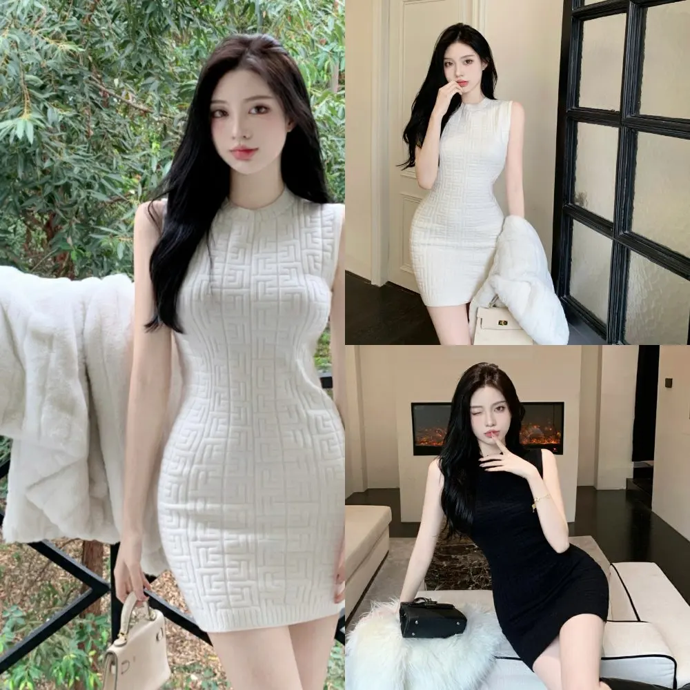 Slim Fit Short Knitted Dress Black  Skirt Show Slimming Effect Korean Style round Neck High Waist Vest Dress Summer Wear