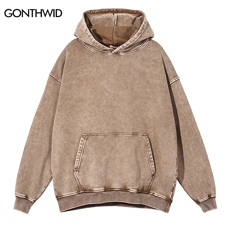 High Street Hoodie Sweatshirt Vintage Hip Hop Cotton Loose Solid Color Blank Heavy Weight Distressed Wash Hooded Hoodie Harajuku