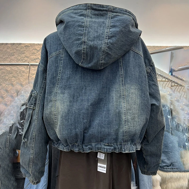 Vintage Denim Jacket Women's Overcoat 2025 Autumn Winter New Fashion Design Sense Hooded Double-Sided Thick Jeans Short Coat