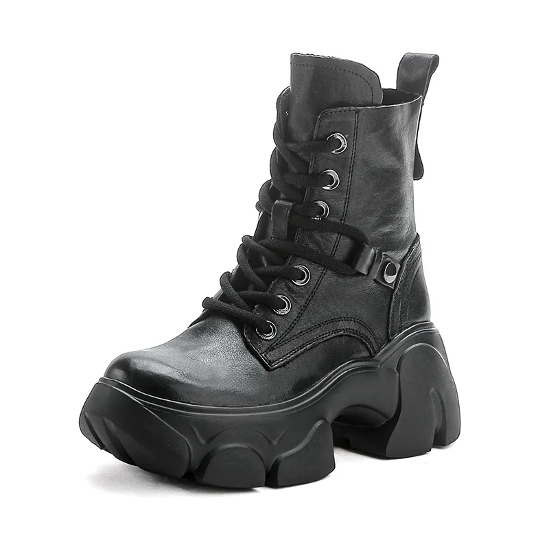 

Thick Sole Chunky Combat Boots Women's 2025 Edition Winter Warm Elegant Height Increase Vintage British Lace-up Ankle Boots