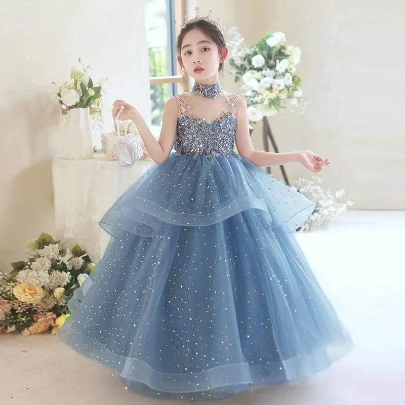 

New Sequin embroidery Girl Dress baby birthday Party children's Beauty Pageant Wedding Princess sexy Halloween sleeveless dress