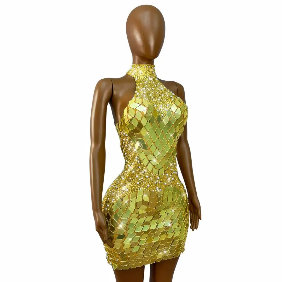 Jinpipa Shiny Gold Mirror Tile High Neck Mini Dress Embellished Rhinestone Bodycon Outfit Nightclub Party Stage Performance Wear