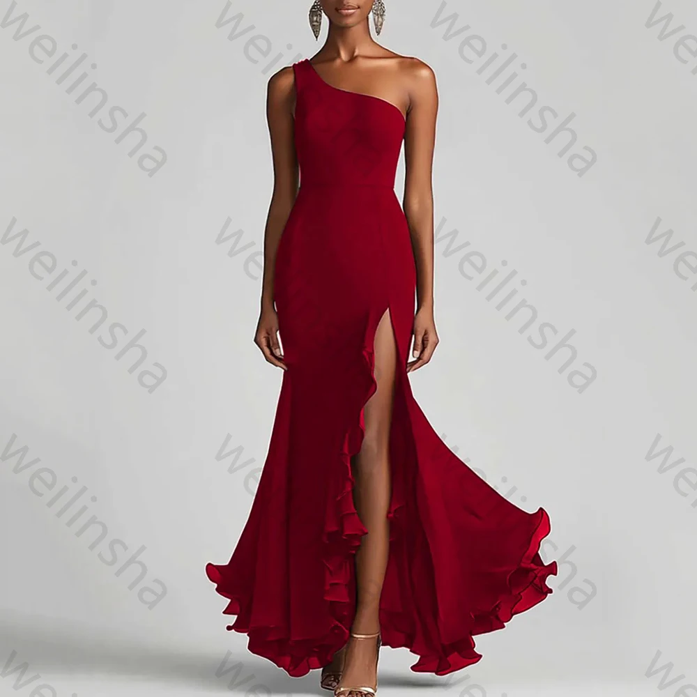 Zeemeermin een schouder chiffon avondjurken mouwloze ruches lange jurk prachtige hoge kwaliteit sexy prom feestjurk op maat